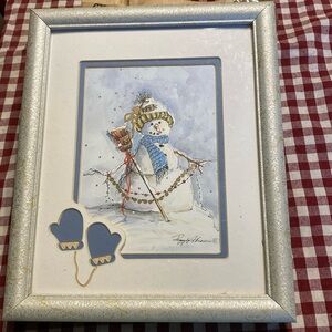 Vintage Peggy Abrams 8”X 10” silver Framed 'Snowman 1” Wall Art winter Matted